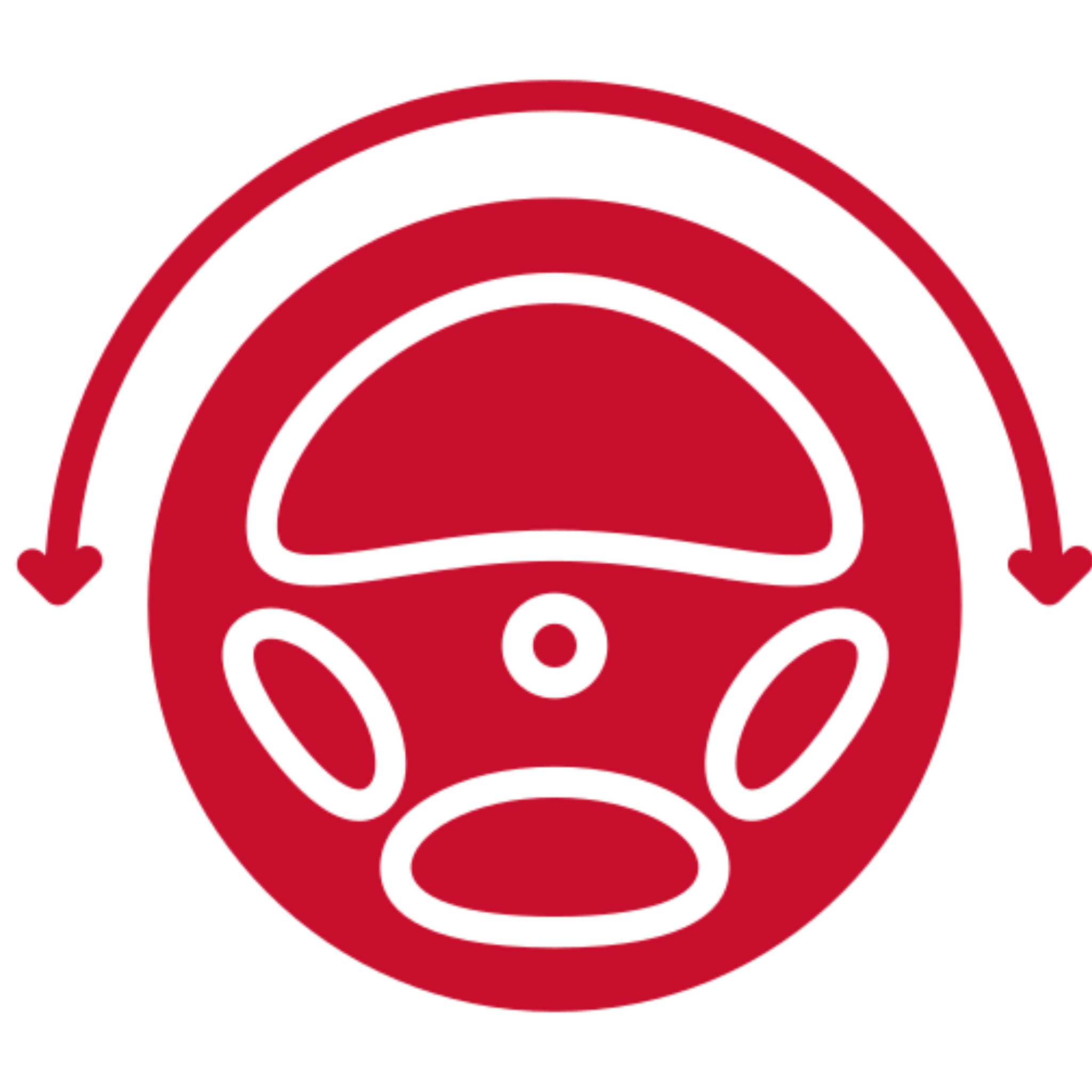 Red steering wheel icon on black background.