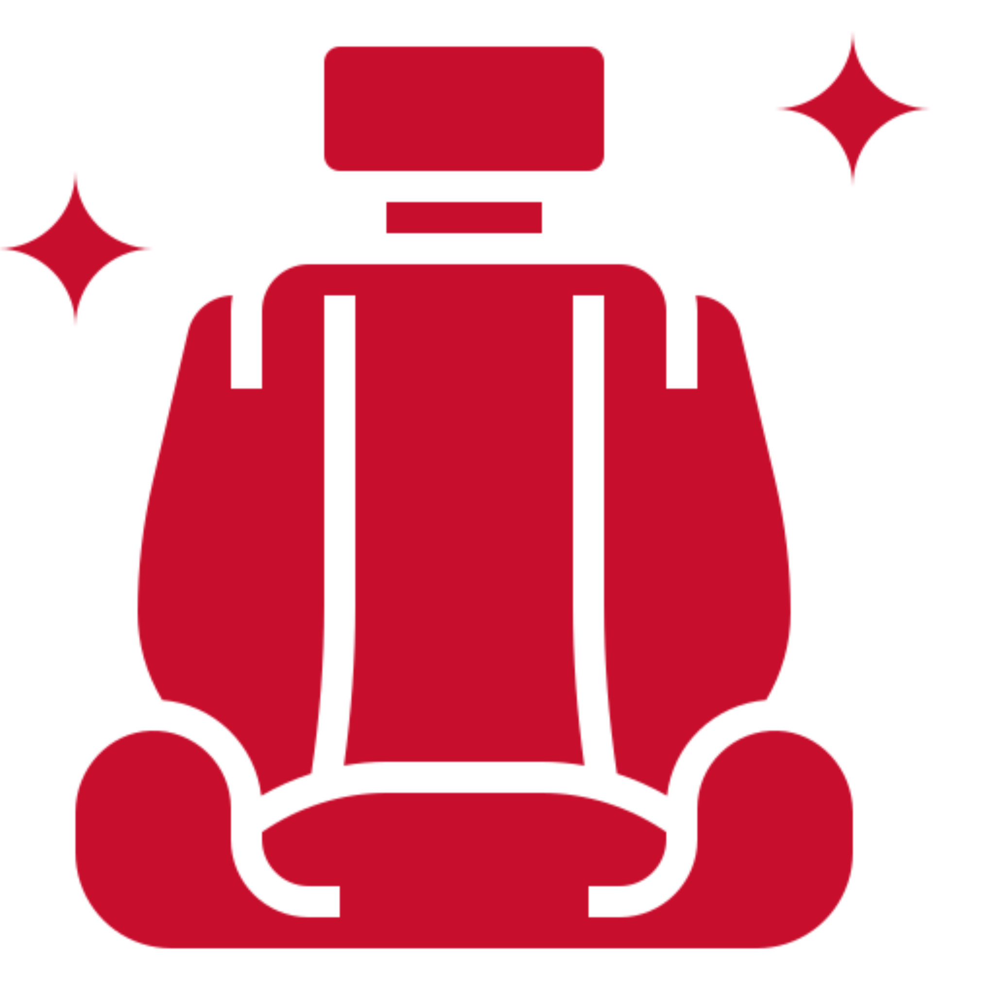 Red car seat with sparkles icon.