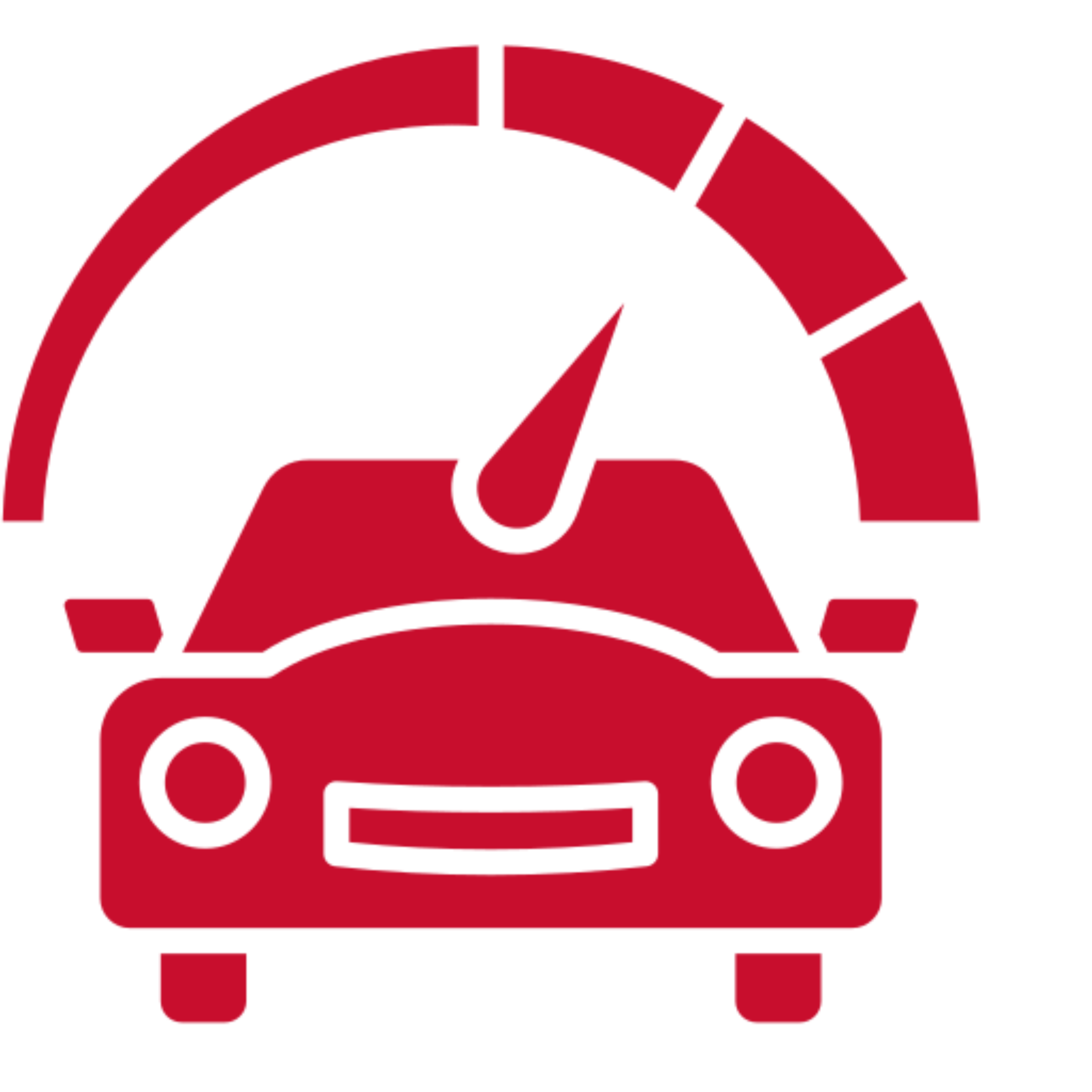Red car with speedometer icon graphic.