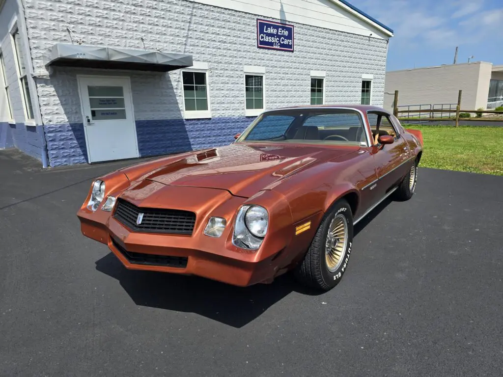 Vintage brown muscle car parked outside building.