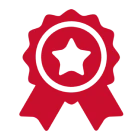 Red award ribbon with star on black background.