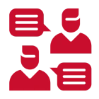 Three red figures with speech bubbles.