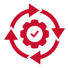 Red gear with arrows and check mark.
